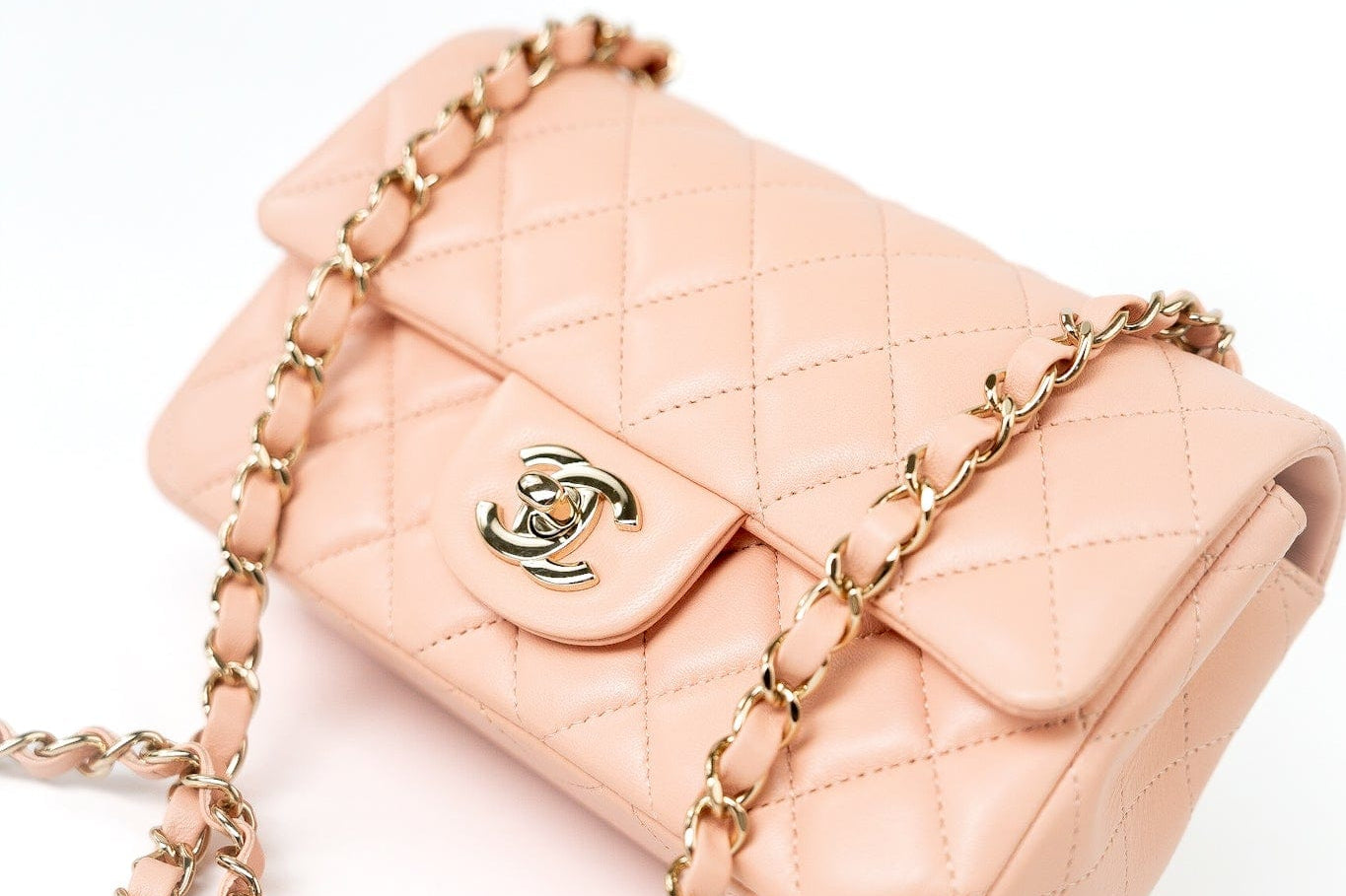 CHANEL Handbag 21P Rose Clair Pink/ Beige Lambskin Quilted Mini Rectangular Flap Light Gold Hardware - Redeluxe