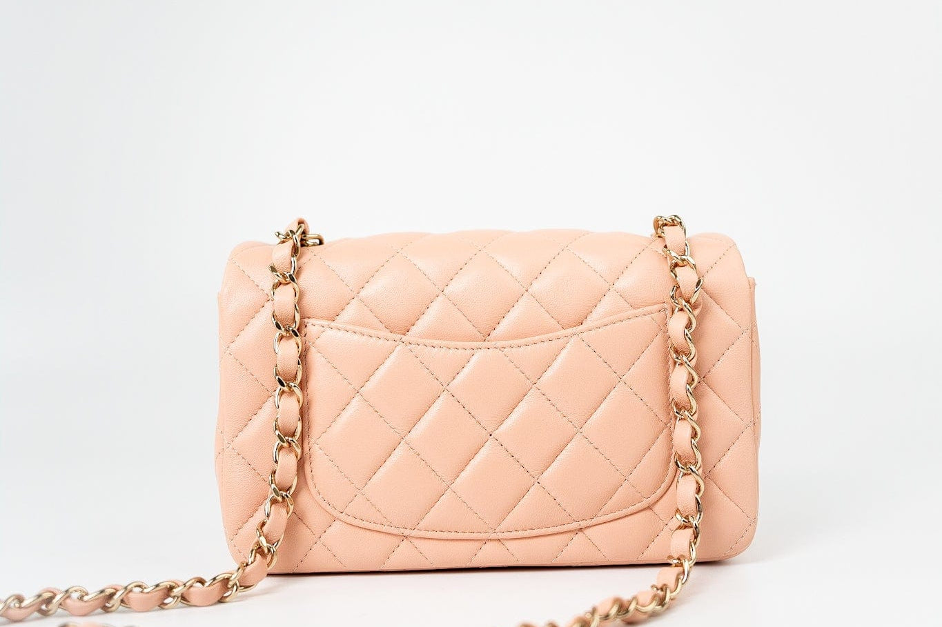 CHANEL Handbag 21P Rose Clair Pink/ Beige Lambskin Quilted Mini Rectangular Flap Light Gold Hardware - Redeluxe
