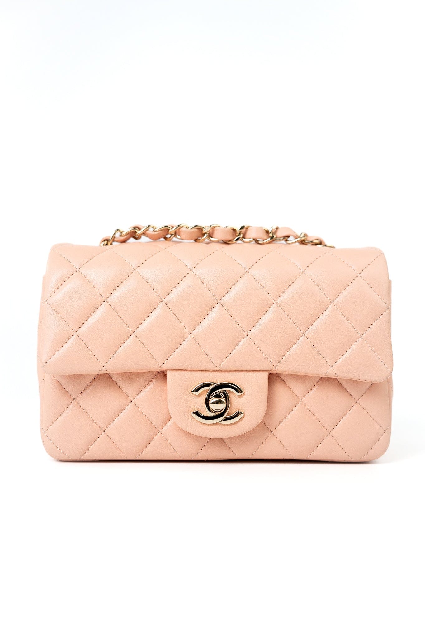 CHANEL: ハンドバッグ、極薄いピンク/ベージュ 21P Rose Clair Pink/ Beige Lambskin Quilted Mini Rectangular Flap