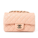 CHANEL Handbag 21P Rose Clair Pink/ Beige Lambskin Quilted Mini Rectangular Flap Light Gold Hardware - Redeluxe