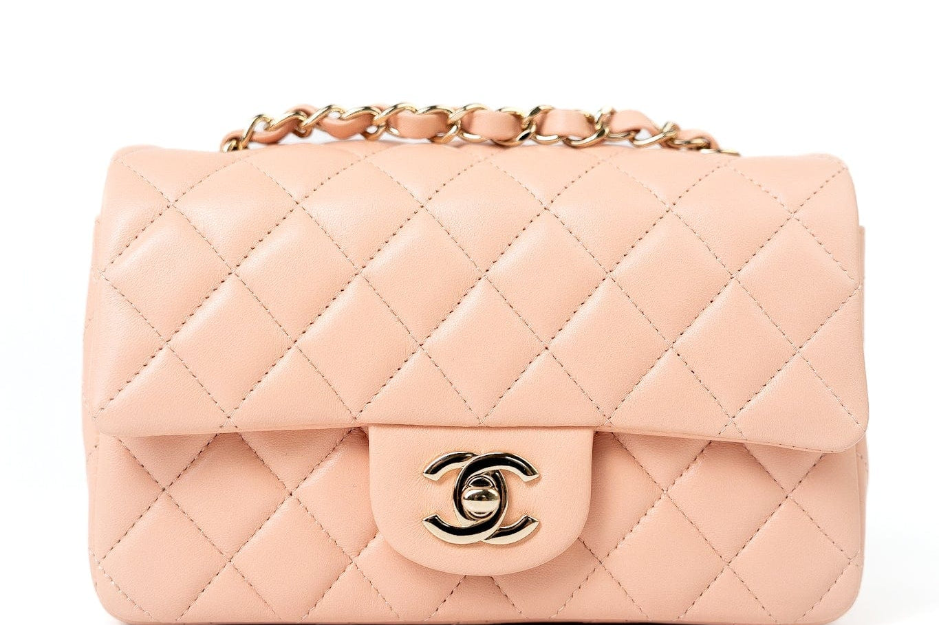 CHANEL Handbag 21P Rose Clair Pink/ Beige Lambskin Quilted Mini Rectangular Flap Light Gold Hardware - Redeluxe