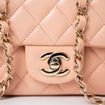 CHANEL Handbag 21P Rose Clair Pink/ Beige Lambskin Quilted Mini Rectangular Flap Light Gold Hardware - Redeluxe
