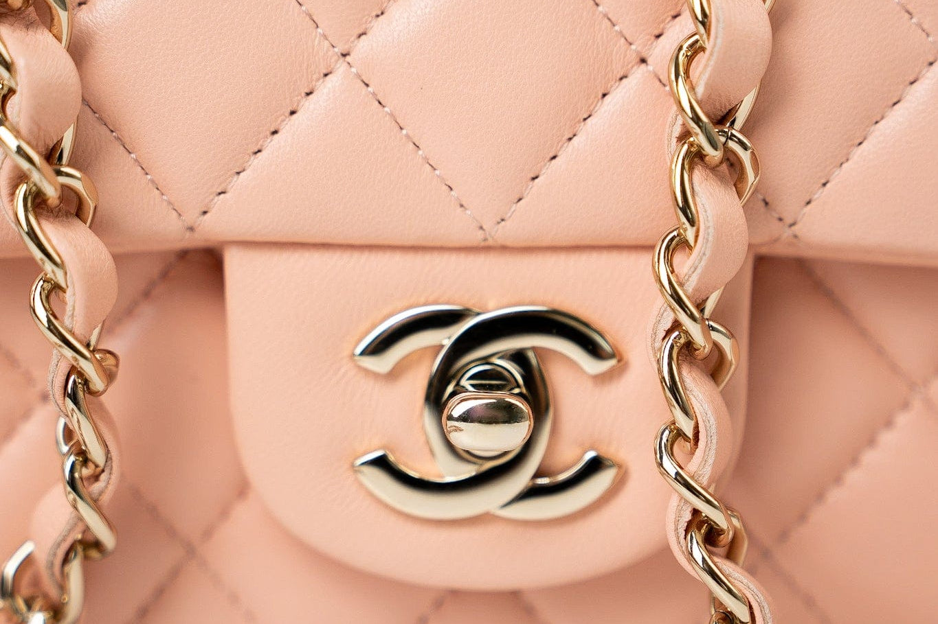 CHANEL Handbag 21P Rose Clair Pink/ Beige Lambskin Quilted Mini Rectangular Flap Light Gold Hardware - Redeluxe