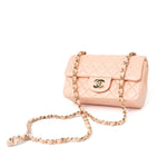 CHANEL Handbag 21P Rose Clair Pink/ Beige Lambskin Quilted Mini Rectangular Flap Light Gold Hardware - Redeluxe