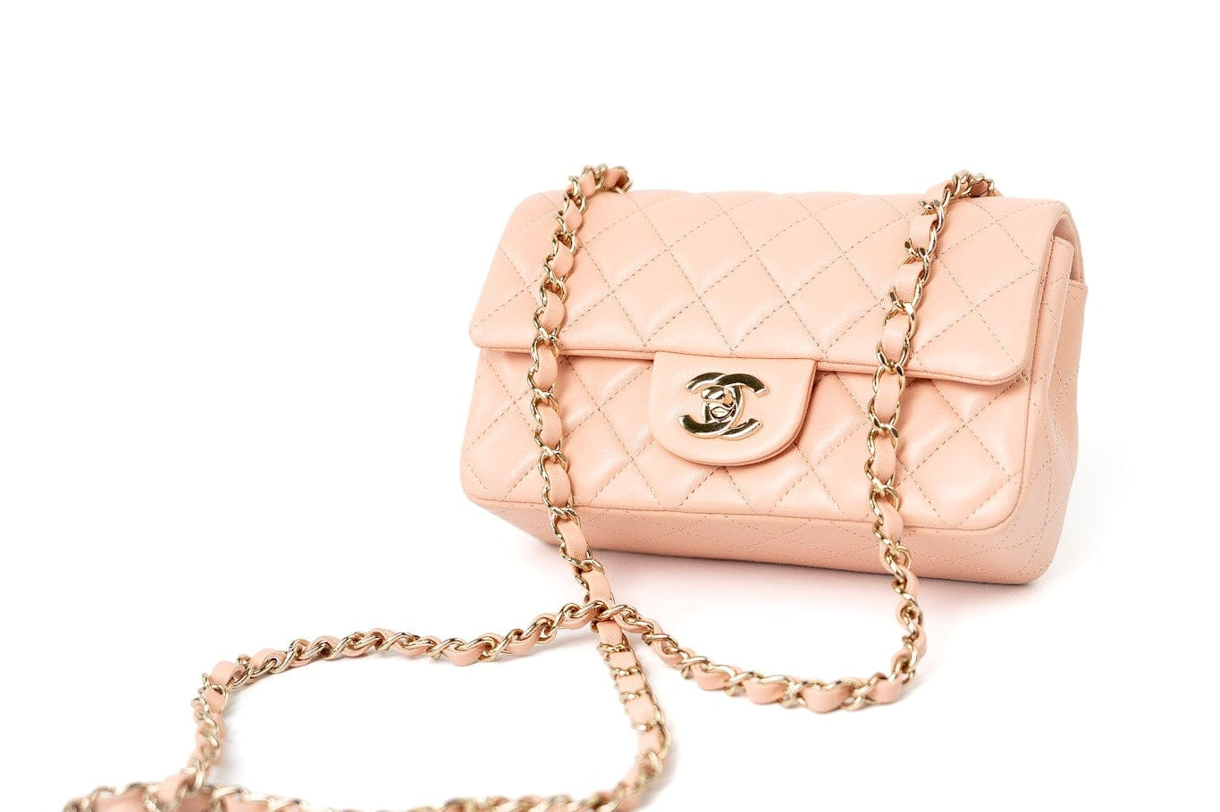 CHANEL Handbag 21P Rose Clair Pink/ Beige Lambskin Quilted Mini Rectangular Flap Light Gold Hardware - Redeluxe