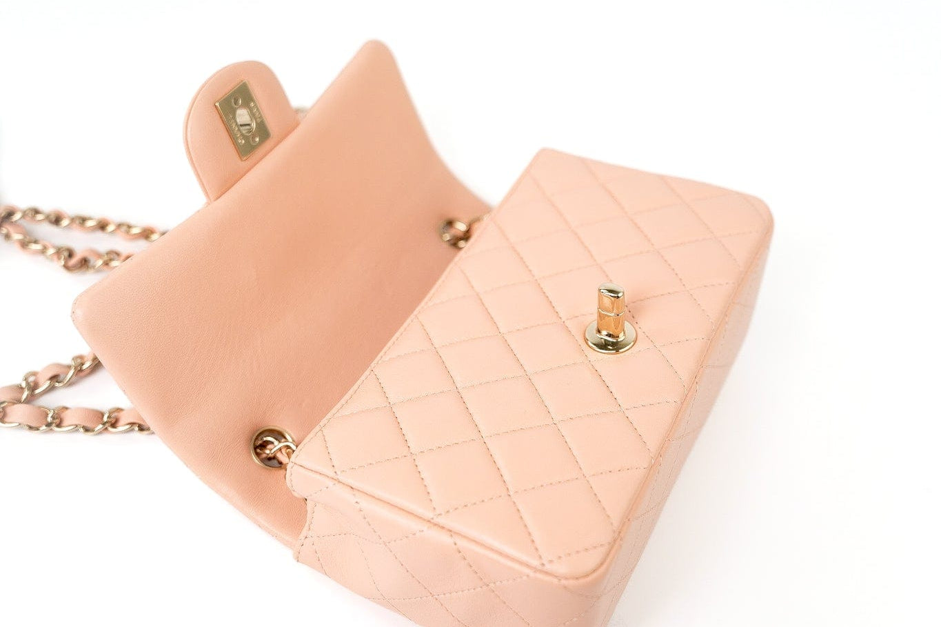CHANEL Handbag 21P Rose Clair Pink/ Beige Lambskin Quilted Mini Rectangular Flap Light Gold Hardware - Redeluxe
