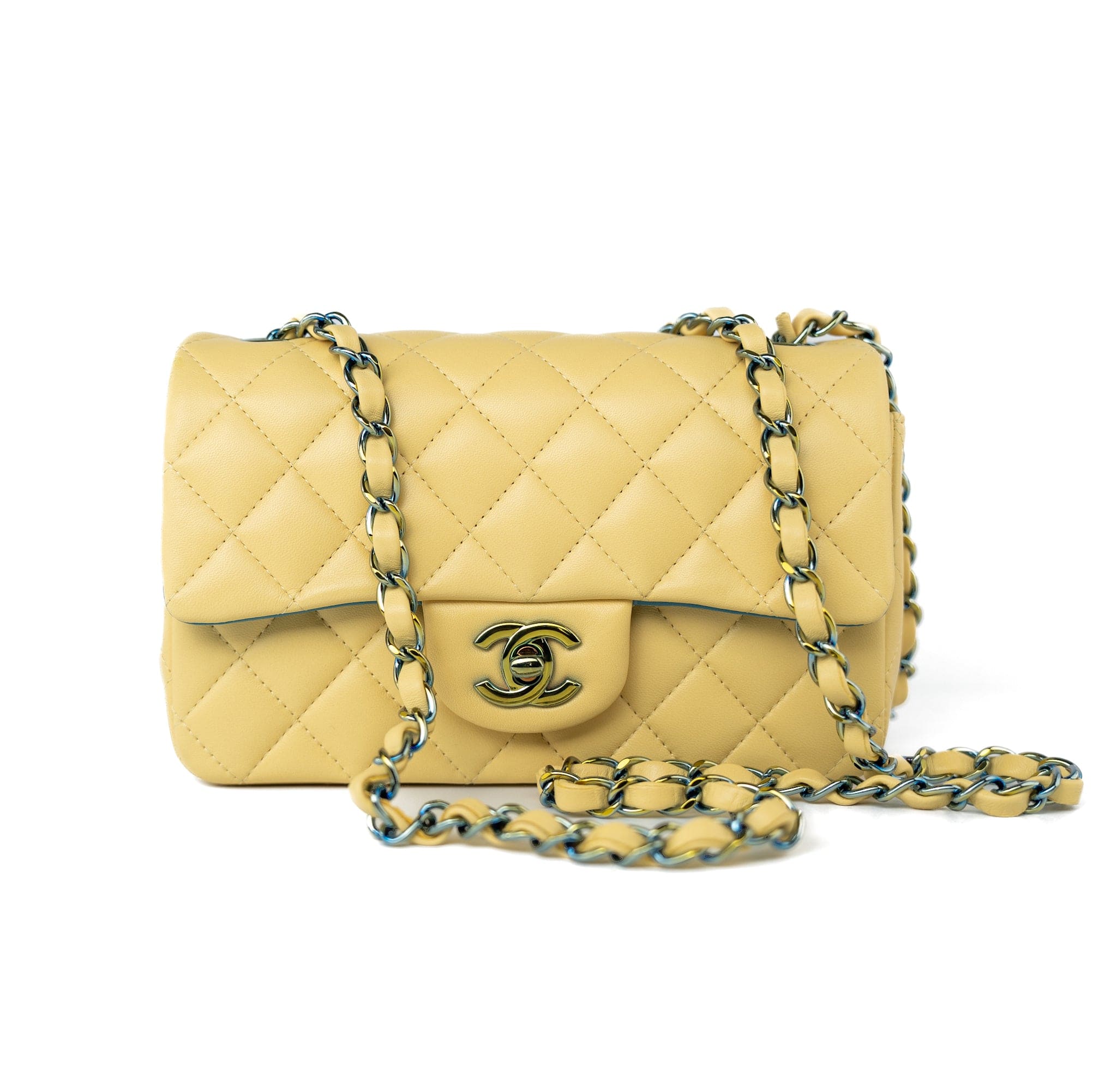 21P Yellow Lambskin Quilted Mini Rectangular Single Flap Blue