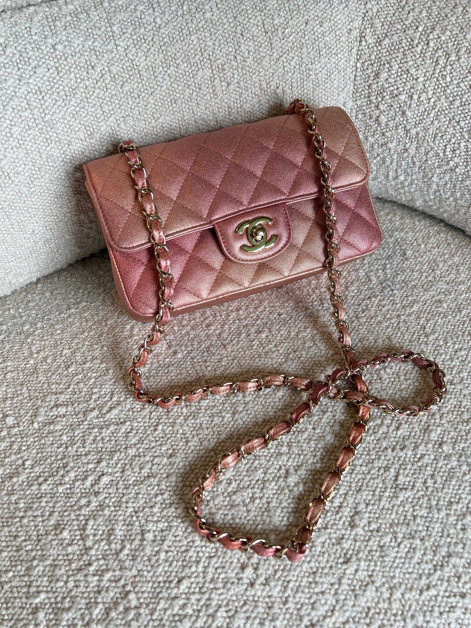 21S Chanel Metallic Rose Gold Calfskin Quilted Mini Rectangular Single REDELUXE