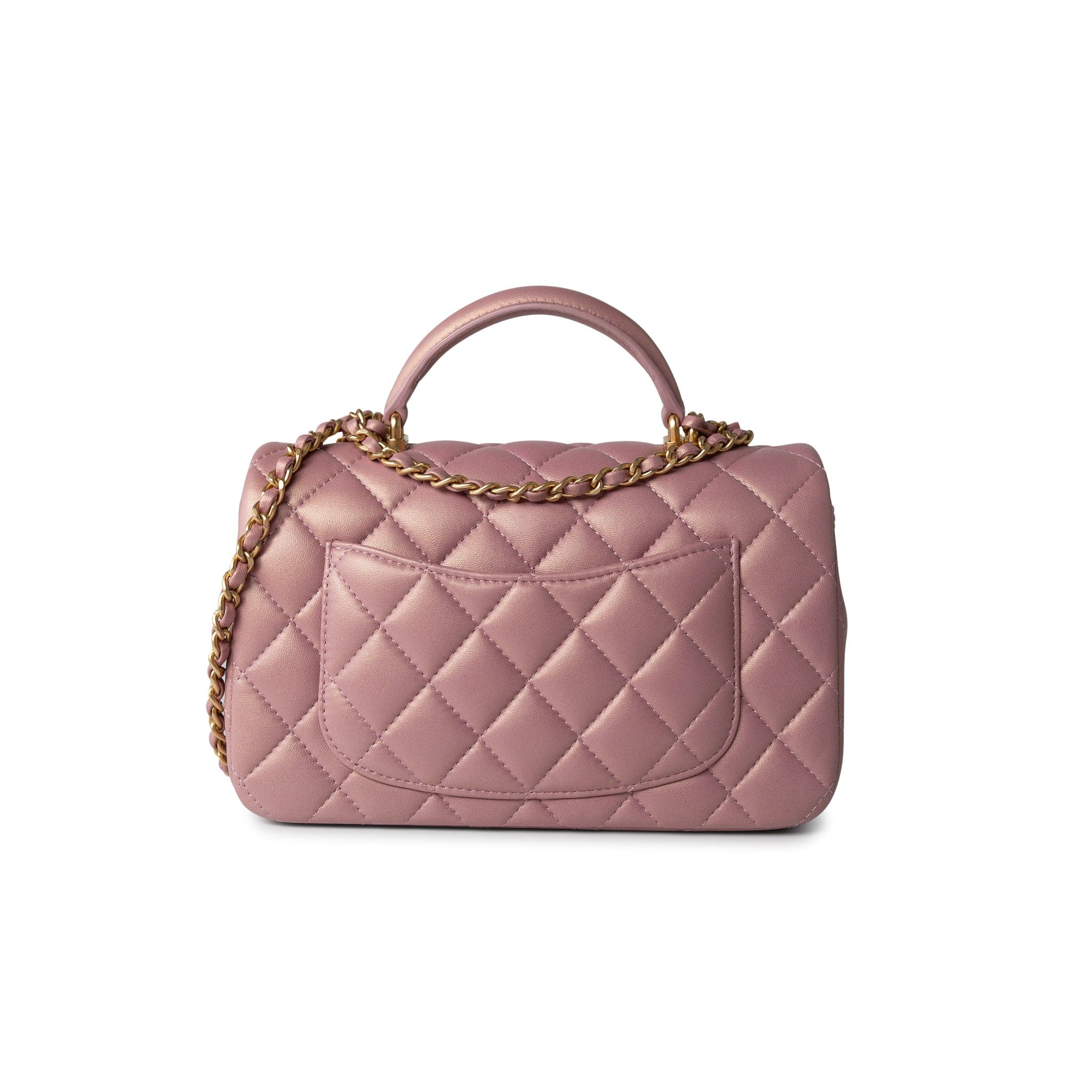 21S Iridescent Pink/ Rose Lambskin Quilted Mini Top Handle Antique