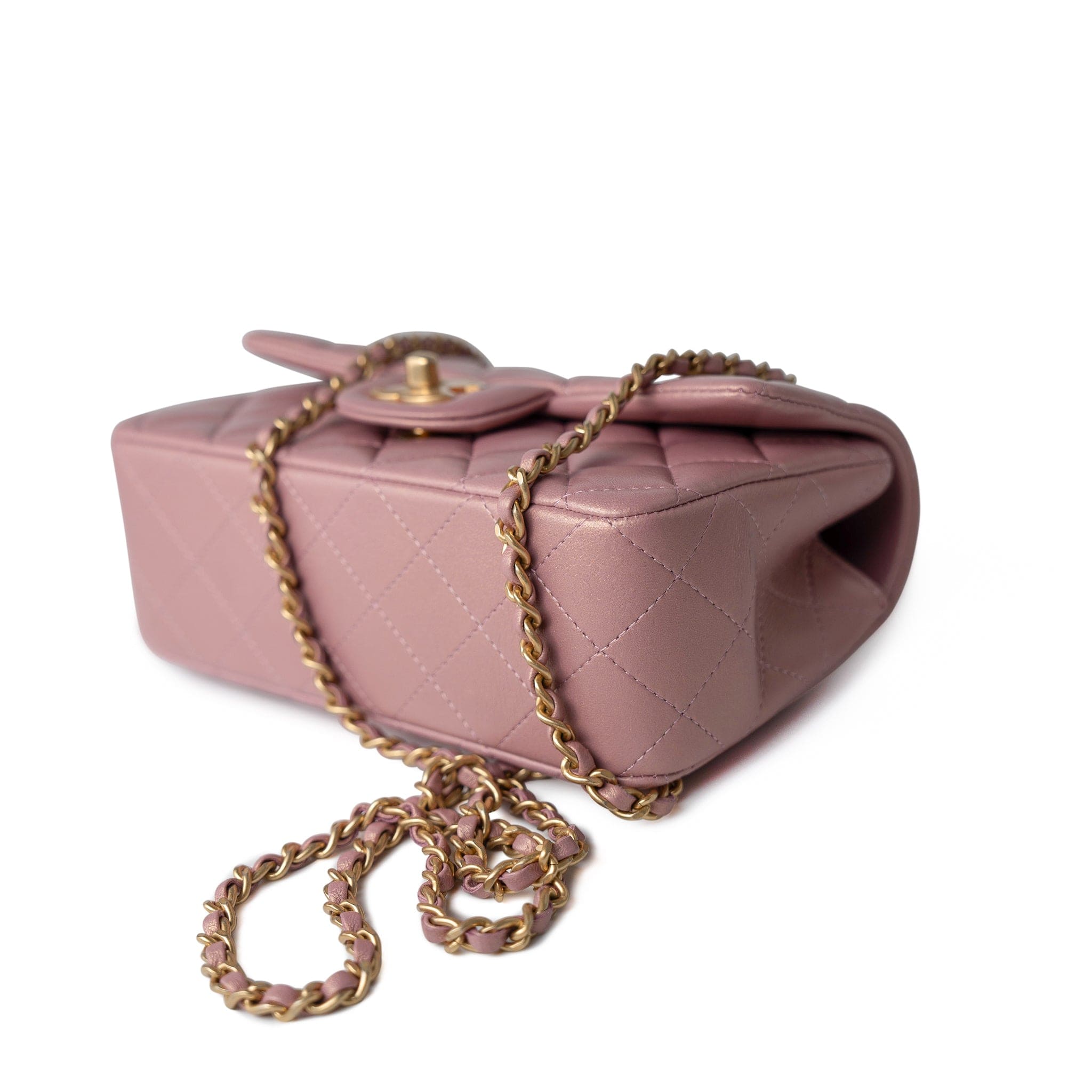21S Iridescent Pink/ Rose Lambskin Quilted Mini Top Handle Antique