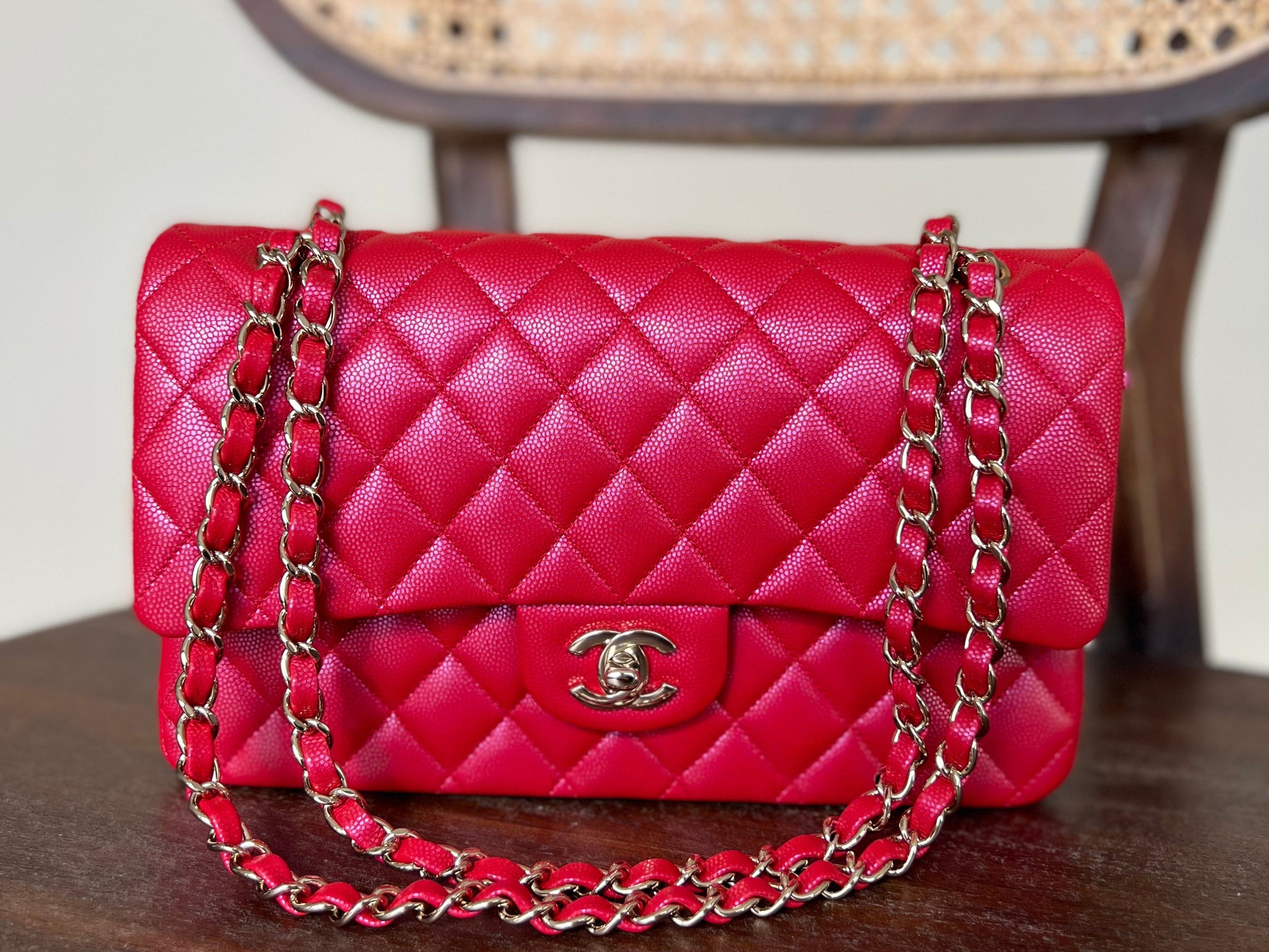 Chanel Handbag 21S Red Iridescent Caviar Quilted Classic Flap Medium - Redeluxe