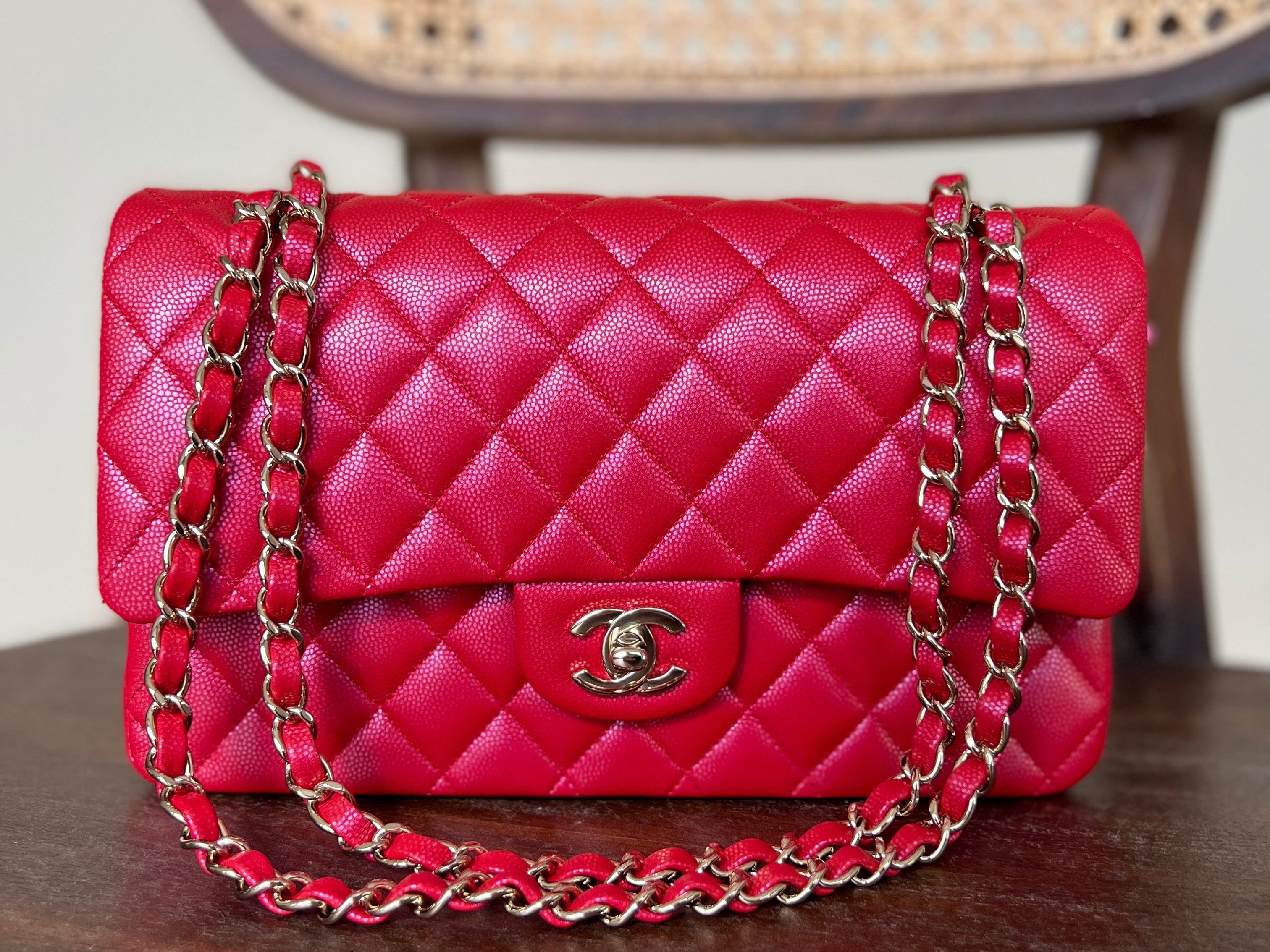 21S Red Iridescent Caviar Quilted Classic Flap Medium