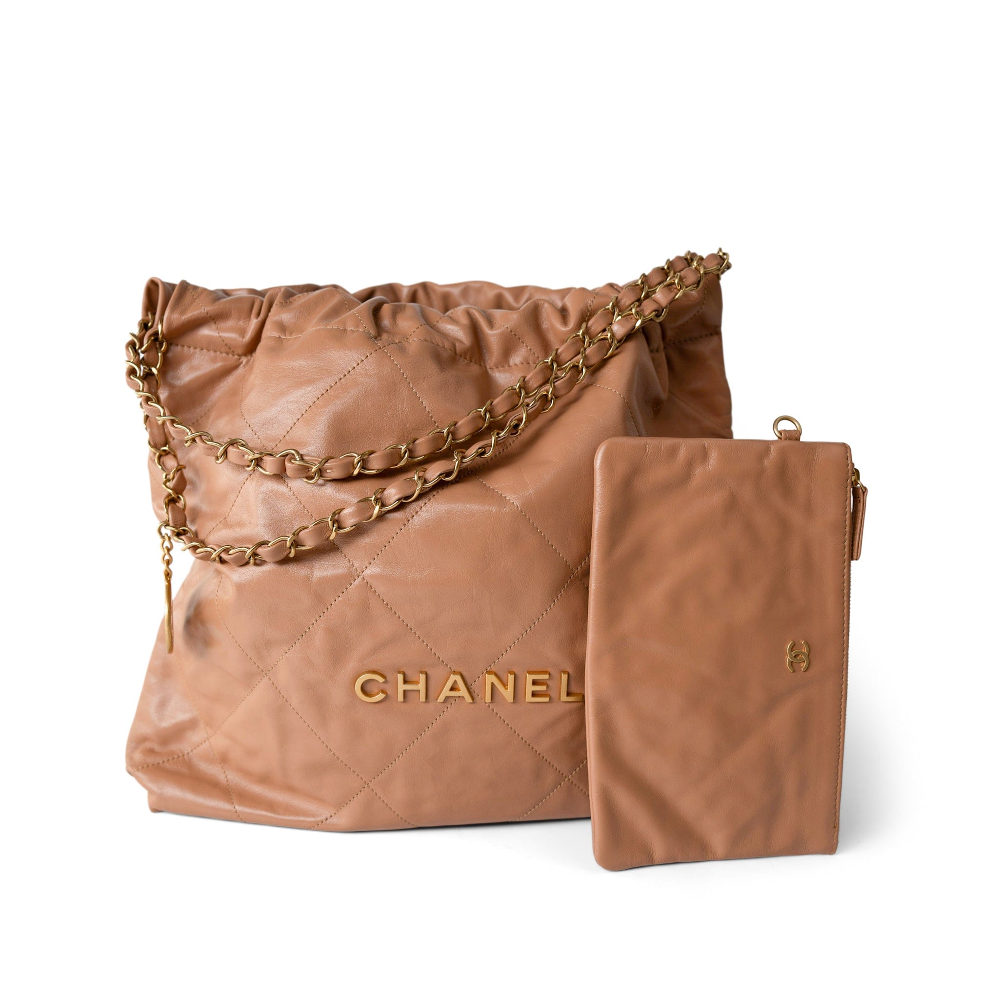 CHANEL Handbag 22 / Caramel Caramel Calfskin Quilted 22 Hobo Bag Medium Antique Gold Hardware - Redeluxe