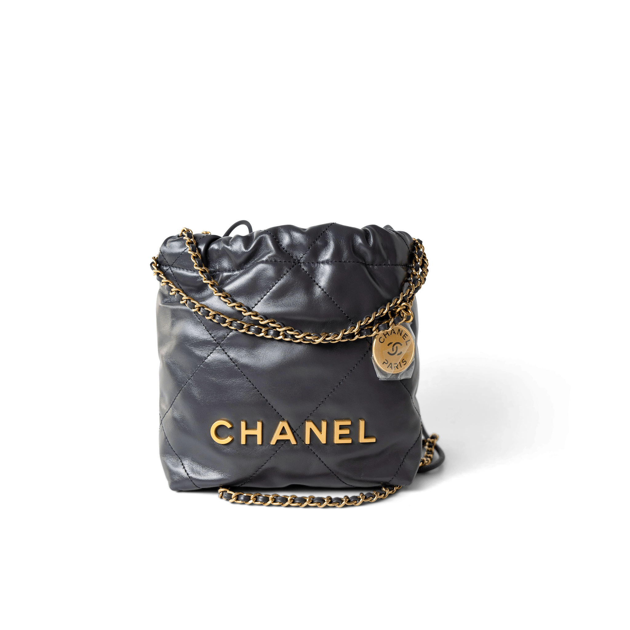 CHANEL Handbag 22 / Grey 23B Dark Grey Calfskin Quilted Mini 22 Bag Antique Gold Hardware - Redeluxe