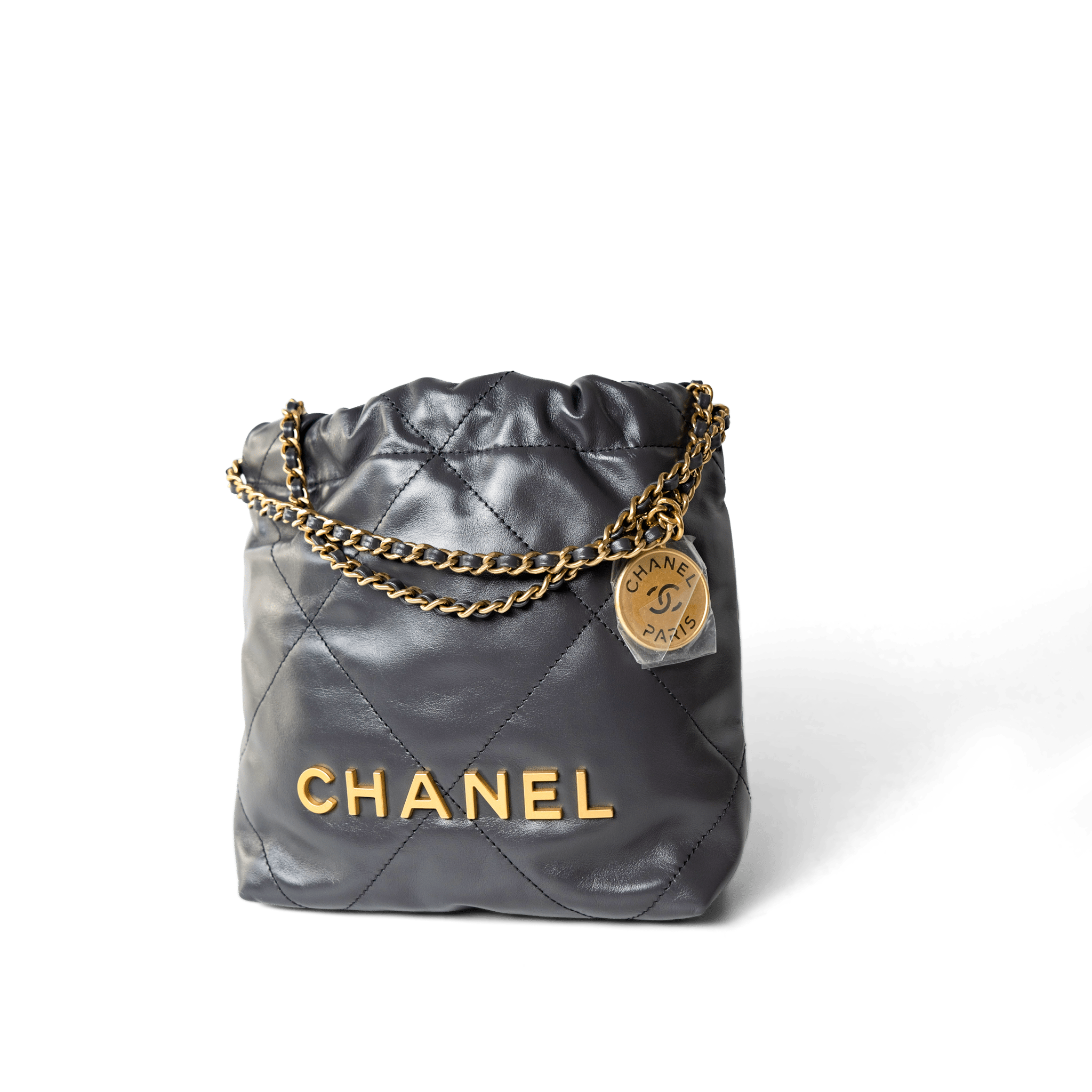 CHANEL Handbag 22 / Grey 23B Dark Grey Calfskin Quilted Mini 22 Bag Antique Gold Hardware - Redeluxe