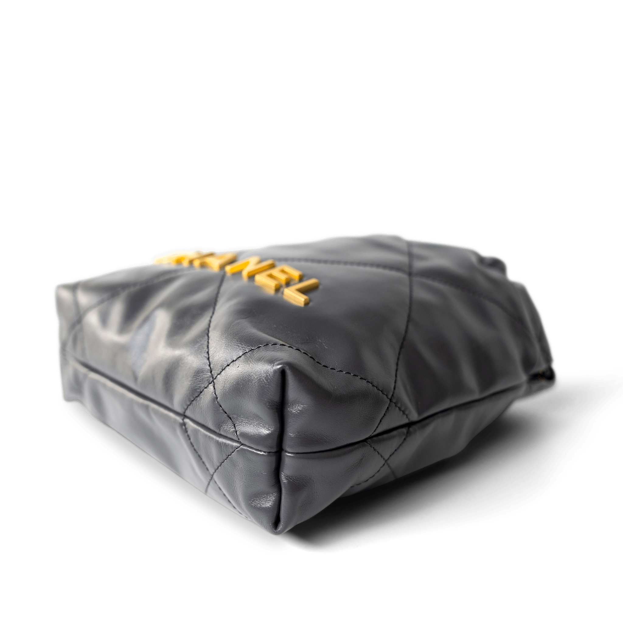 CHANEL Handbag 22 / Grey 23B Dark Grey Calfskin Quilted Mini 22 Bag Antique Gold Hardware - Redeluxe