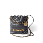 CHANEL Handbag 22 / Grey 23B Dark Grey Calfskin Quilted Mini 22 Bag Antique Gold Hardware - Redeluxe