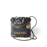 CHANEL Handbag 22 / Grey 23B Dark Grey Calfskin Quilted Mini 22 Bag Antique Gold Hardware - Redeluxe