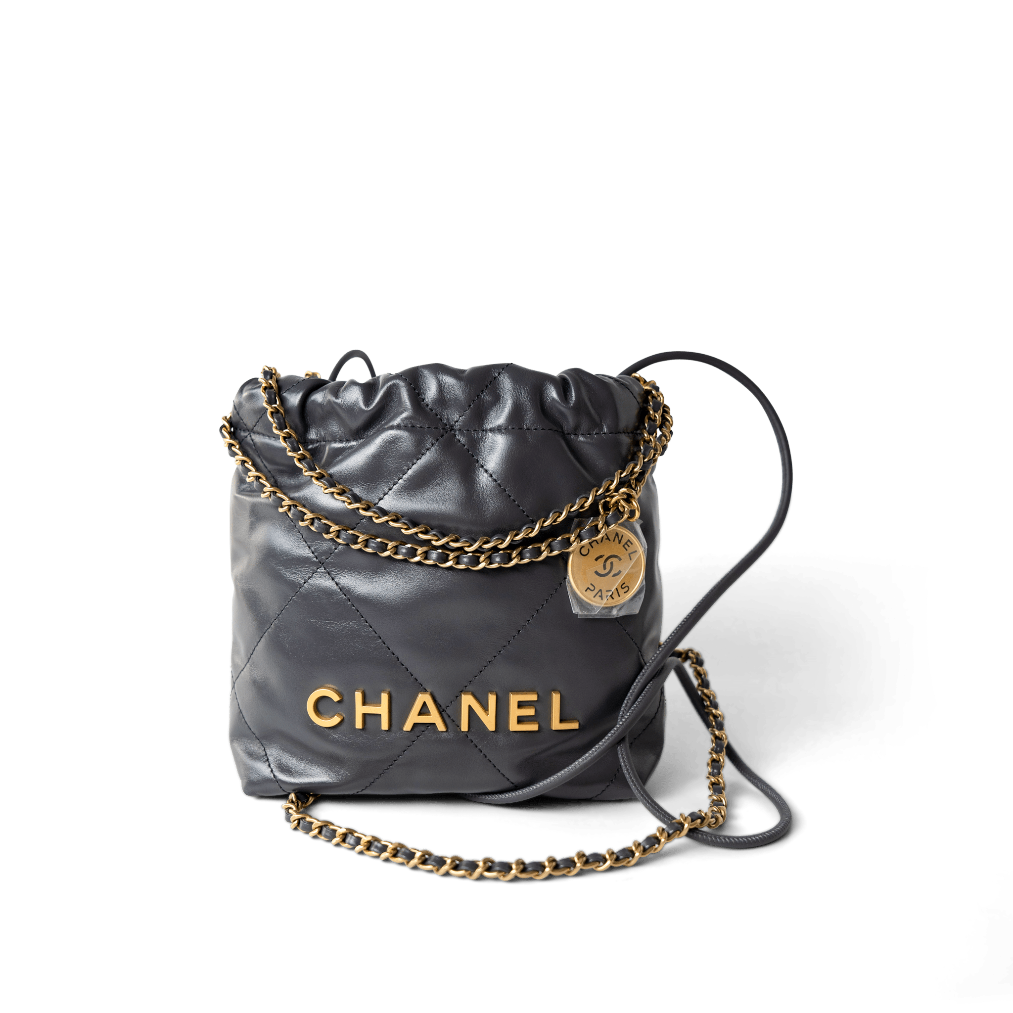 CHANEL Handbag 22 / Grey 23B Dark Grey Calfskin Quilted Mini 22 Bag Antique Gold Hardware - Redeluxe