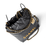 CHANEL Handbag 22 / Grey 23B Dark Grey Calfskin Quilted Mini 22 Bag Antique Gold Hardware - Redeluxe