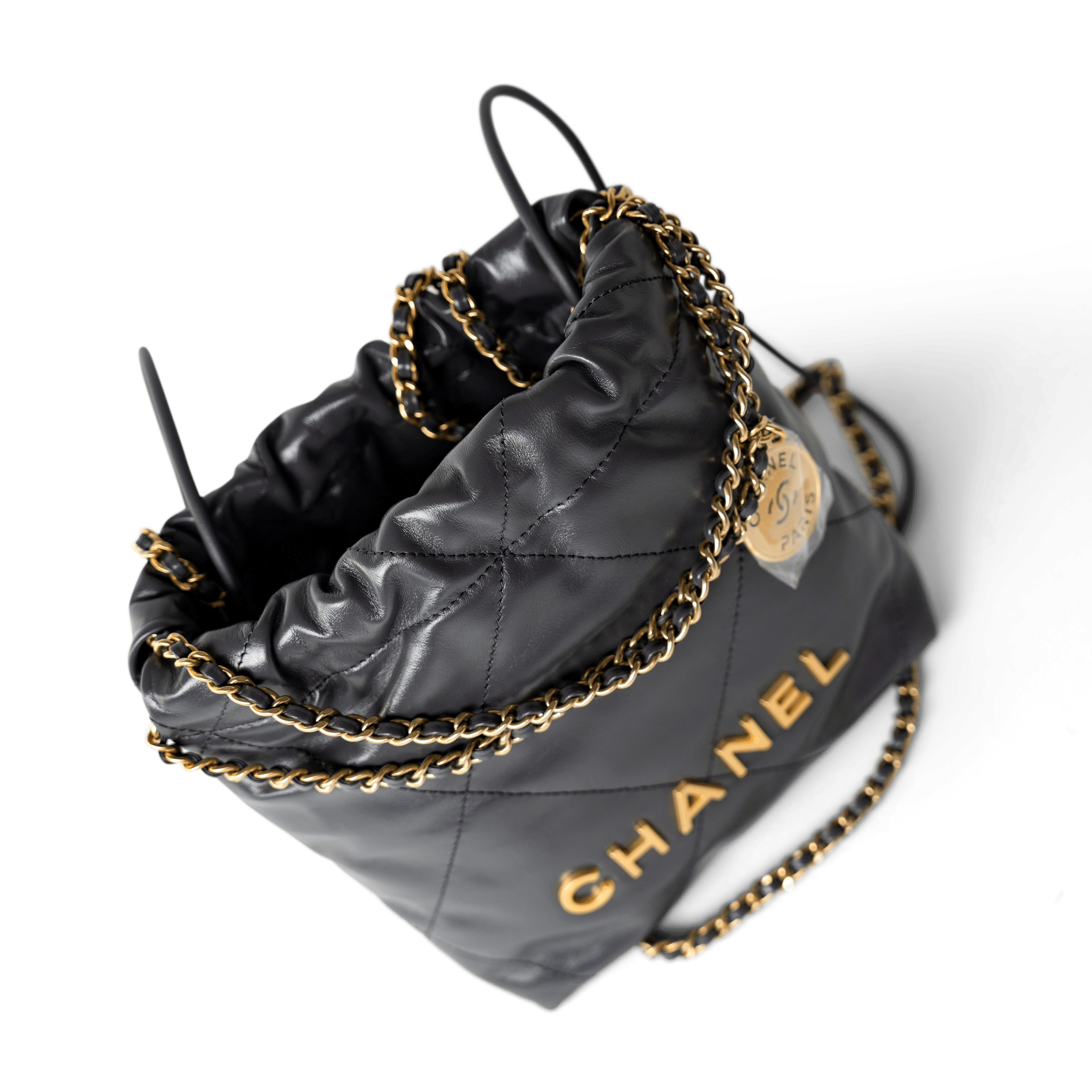 CHANEL Handbag 22 / Grey 23B Dark Grey Calfskin Quilted Mini 22 Bag Antique Gold Hardware - Redeluxe