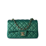 CHANEL Handbag 22A Iridescent Green Lambskin Quilted Mini Rectangular Single Flap Light Gold Hardware - Redeluxe