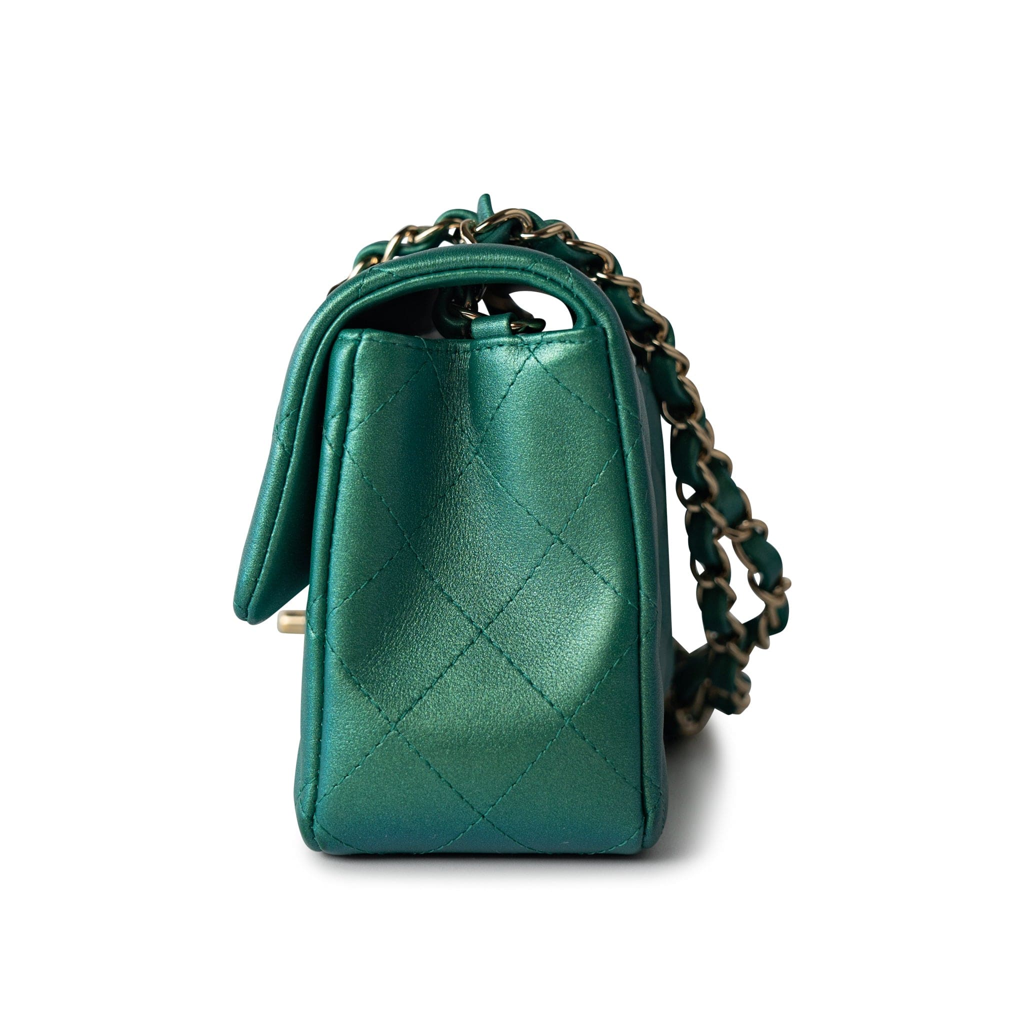 CHANEL Handbag 22A Iridescent Green Lambskin Quilted Mini Rectangular Single Flap Light Gold Hardware - Redeluxe