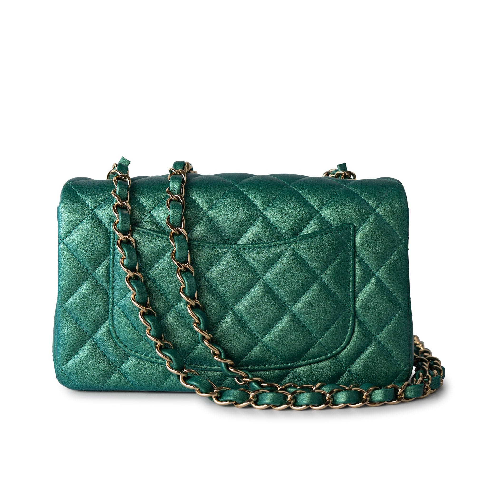 22A Iridescent Green Lambskin Quilted Mini Rectangular Single Flap