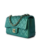 CHANEL Handbag 22A Iridescent Green Lambskin Quilted Mini Rectangular Single Flap Light Gold Hardware - Redeluxe