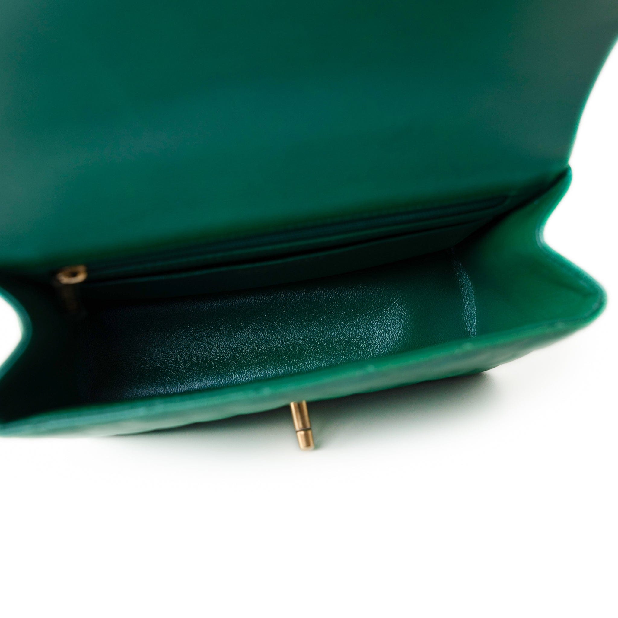 CHANEL Handbag 22A Iridescent Green Lambskin Quilted Mini Rectangular Single Flap Light Gold Hardware - Redeluxe