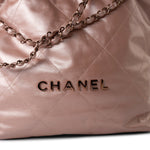 CHANEL Handbag 22A Metallic Pink / Rose Calfskin Quilted 22 Bag Drawstring Bag Small Rose Gold Hardware - Redeluxe