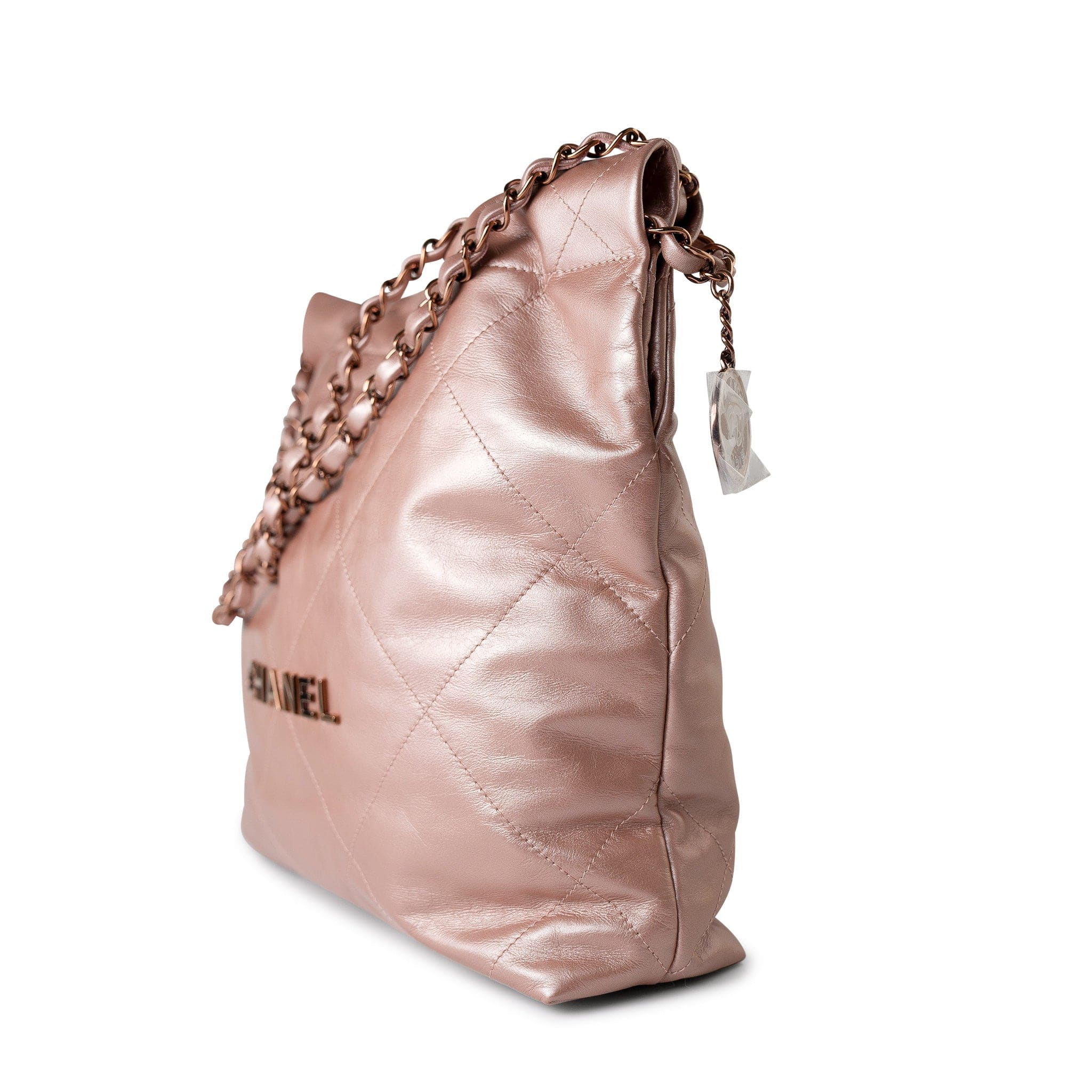CHANEL Handbag 22A Metallic Pink / Rose Calfskin Quilted 22 Bag Drawstring Bag Small Rose Gold Hardware - Redeluxe