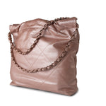 CHANEL Handbag 22A Metallic Pink / Rose Calfskin Quilted 22 Bag Drawstring Bag Small Rose Gold Hardware - Redeluxe