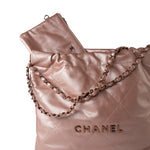 CHANEL Handbag 22A Metallic Pink / Rose Calfskin Quilted 22 Bag Drawstring Bag Small Rose Gold Hardware - Redeluxe