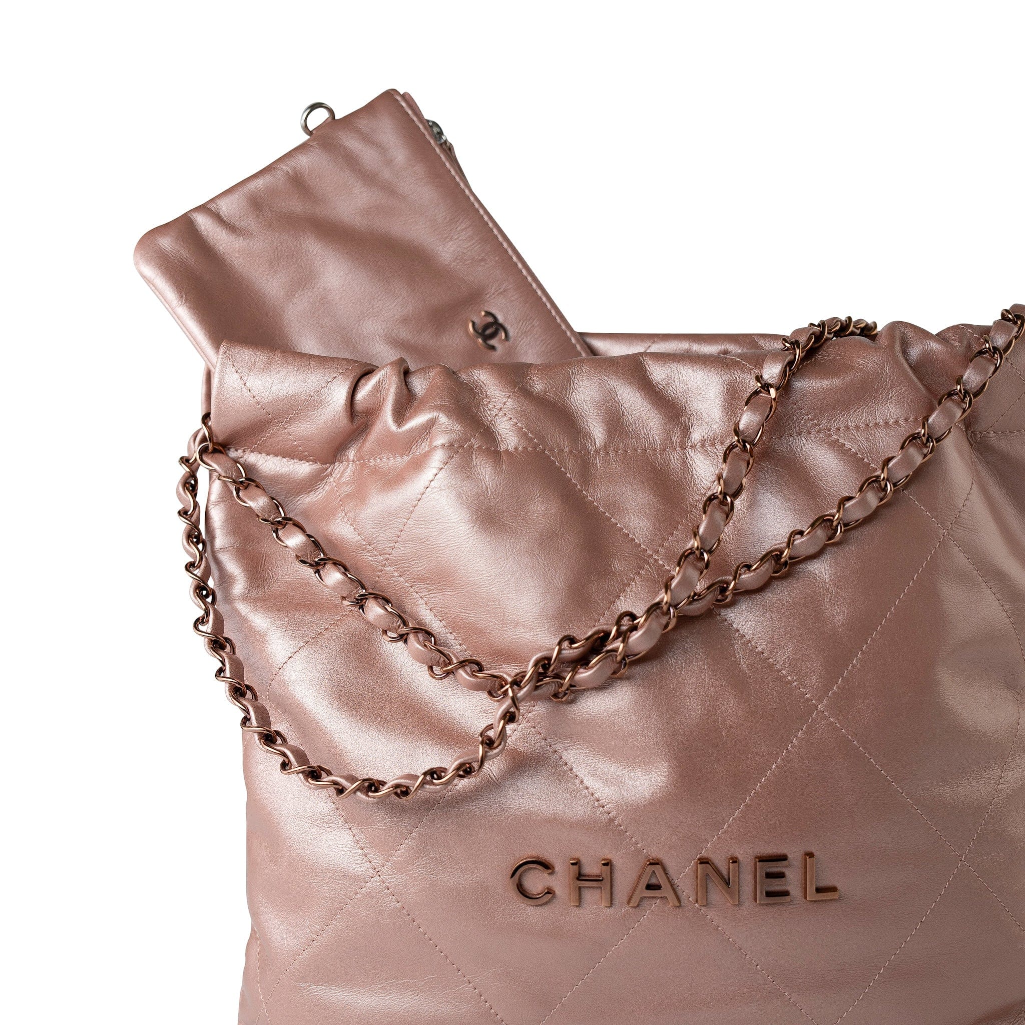 CHANEL Handbag 22A Metallic Pink / Rose Calfskin Quilted 22 Bag Drawstring Bag Small Rose Gold Hardware - Redeluxe