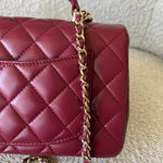 CHANEL Handbag 22A Mini Burgundy Lambskin Quilted Single Flap with Top handle Light Gold Hardware - Redeluxe