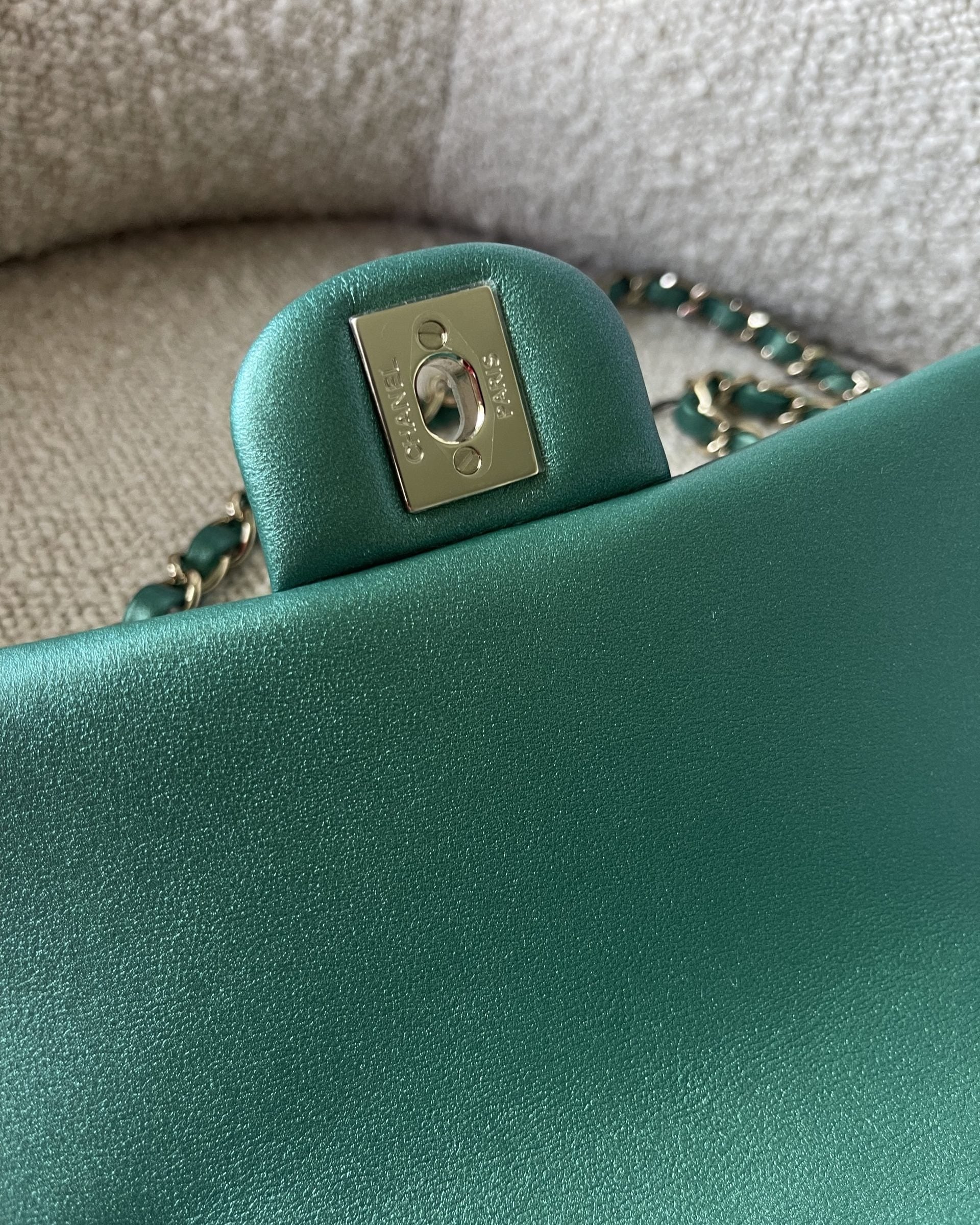 CHANEL Handbag 22A Mini Rectangular Iridescent Green Lambskin Quilted Single Flap LGHW - Redeluxe