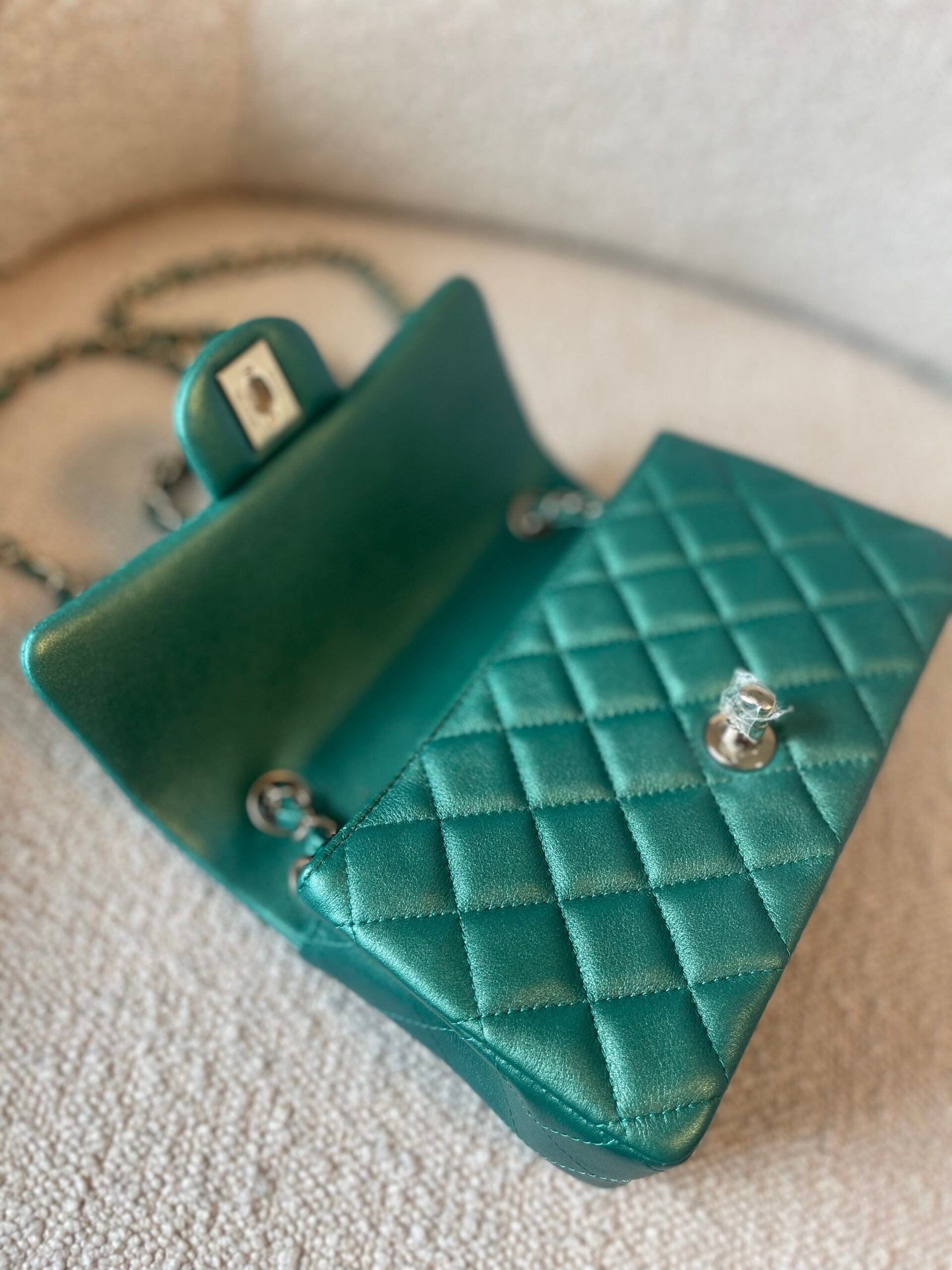 22A Mini Rectangular Iridescent Green Lambskin Quilted