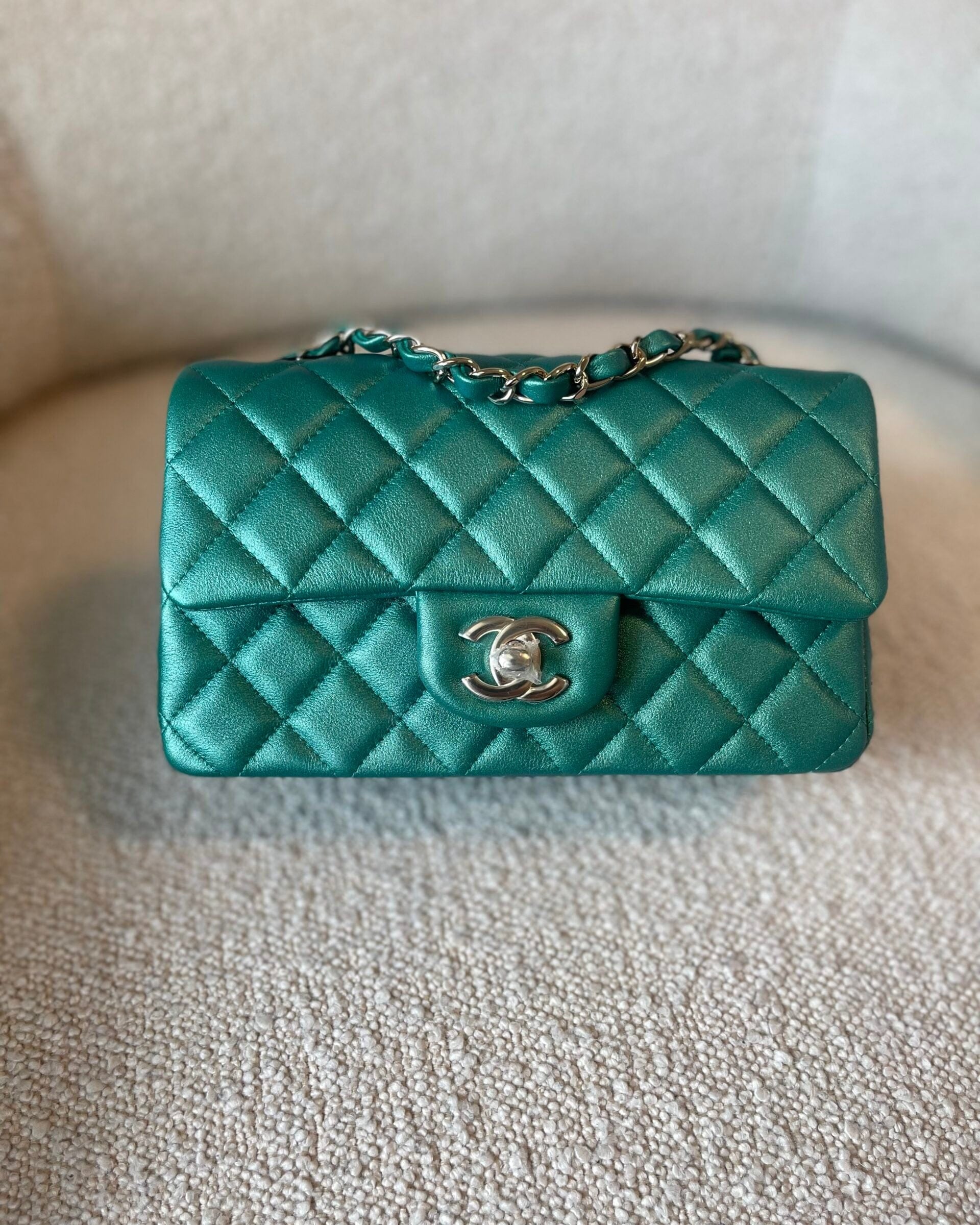 CHANEL Handbag 22A Mini Rectangular Iridescent Green Lambskin Quilted Single Flap LGHW - Redeluxe