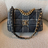 CHANEL Handbag 22A Navy Blue Ecru Tweed Quilted 19 Flap Small Mixed Hardware - Redeluxe