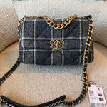CHANEL Handbag 22A Navy Blue Ecru Tweed Quilted 19 Flap Small Mixed Hardware - Redeluxe