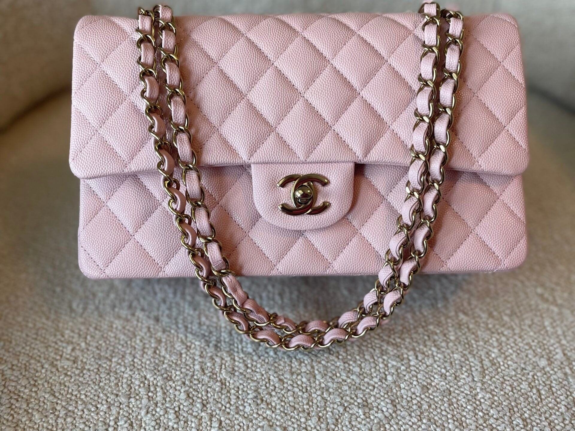 CHANEL Handbag 22B Rose Claire/ light pink Caviar Quilted Classic Double Flap Medium Light Gold Hardware - Redeluxe