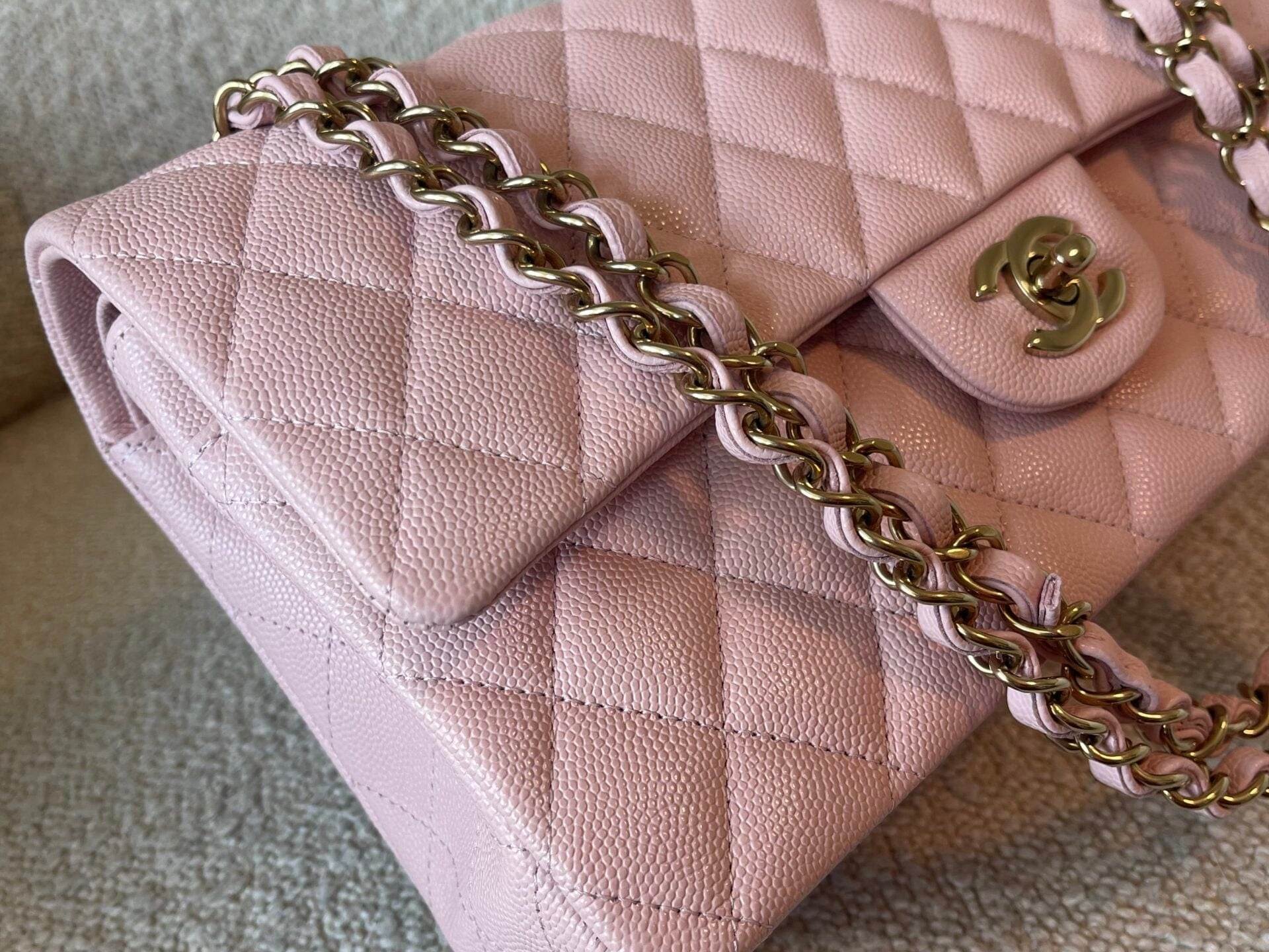 CHANEL Handbag 22B Rose Claire/ light pink Caviar Quilted Classic Double Flap Medium Light Gold Hardware - Redeluxe