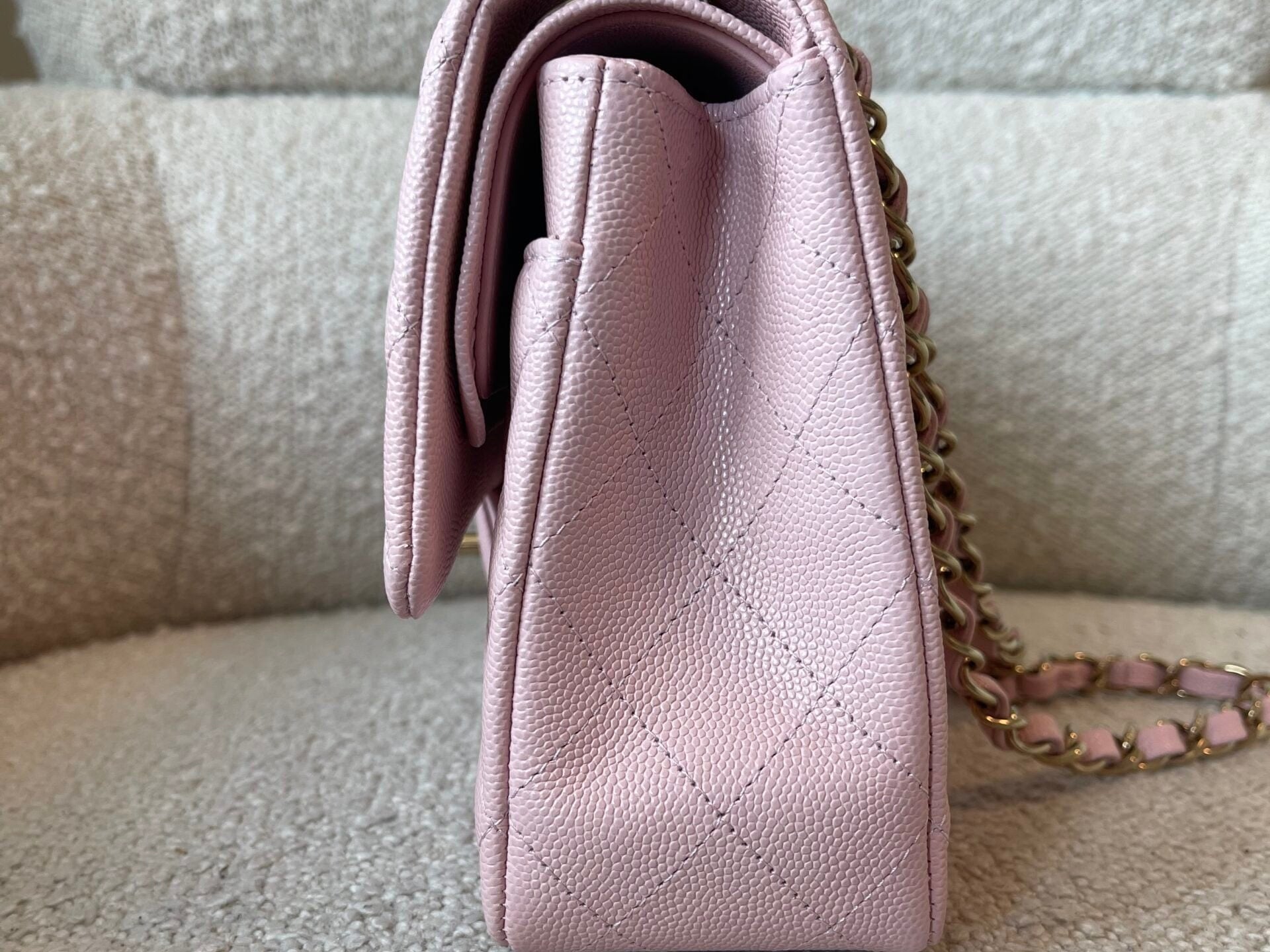 CHANEL Handbag 22B Rose Claire/ light pink Caviar Quilted Classic Double Flap Medium Light Gold Hardware - Redeluxe