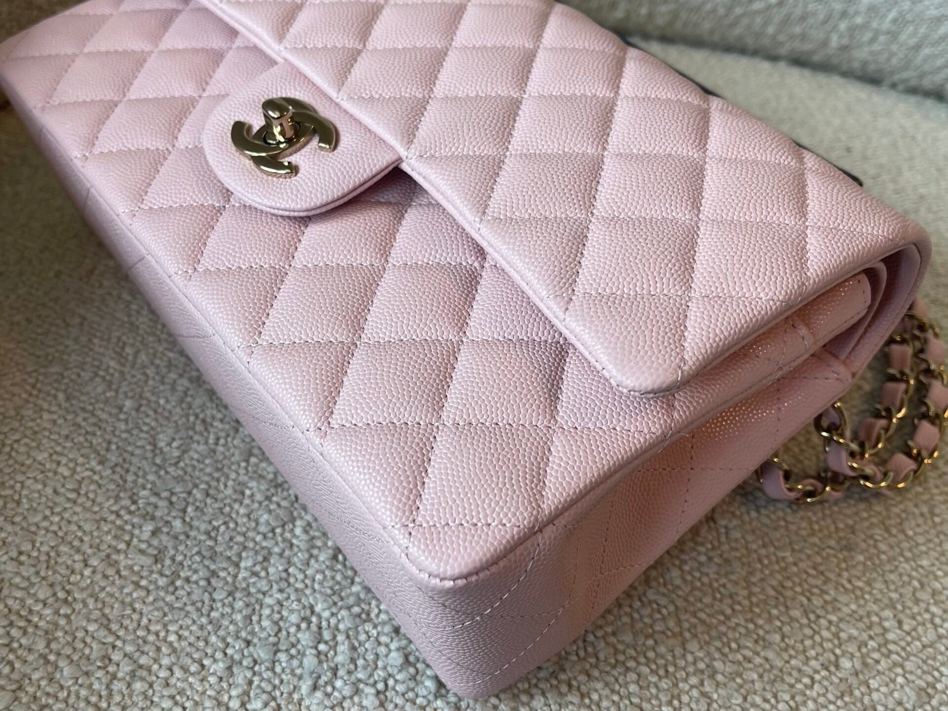 CHANEL Handbag 22B Rose Claire/ light pink Caviar Quilted Classic Double Flap Medium Light Gold Hardware - Redeluxe