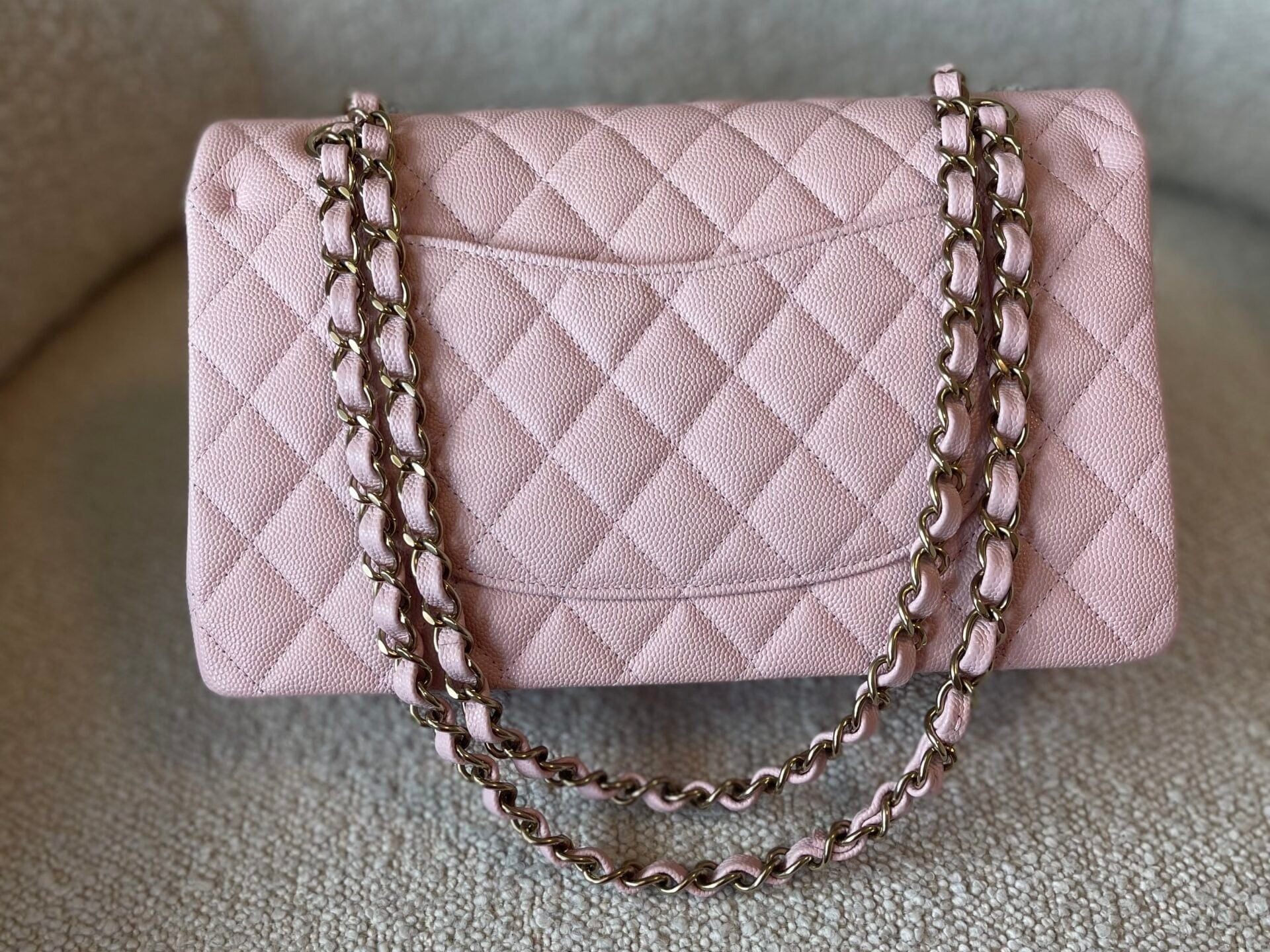 CHANEL Handbag 22B Rose Claire/ light pink Caviar Quilted Classic Double Flap Medium Light Gold Hardware - Redeluxe