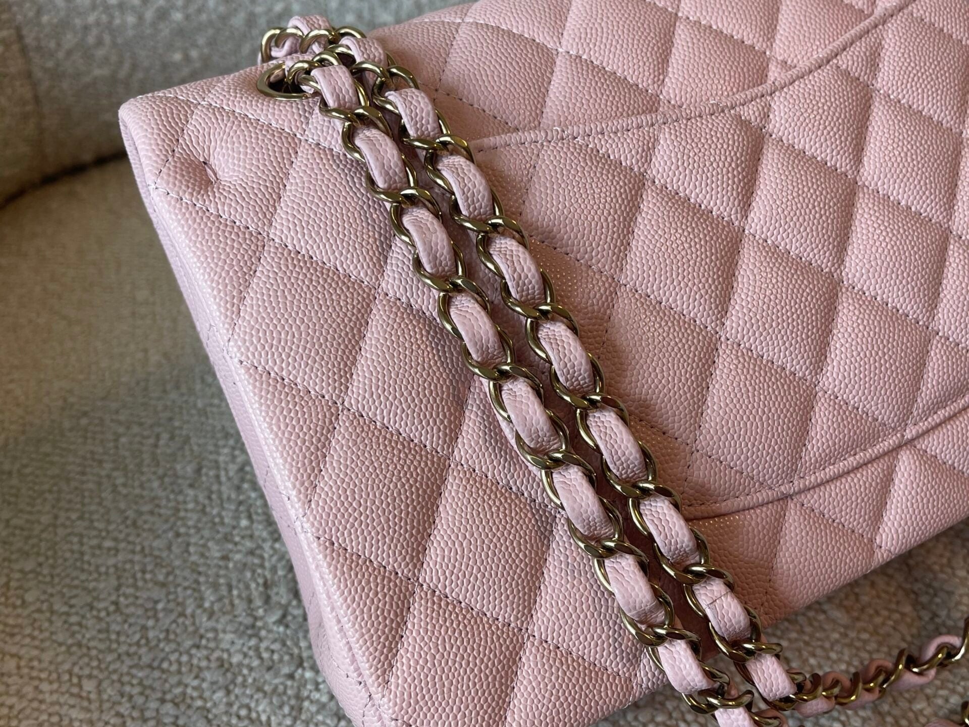 CHANEL Handbag 22B Rose Claire/ light pink Caviar Quilted Classic Double Flap Medium Light Gold Hardware - Redeluxe