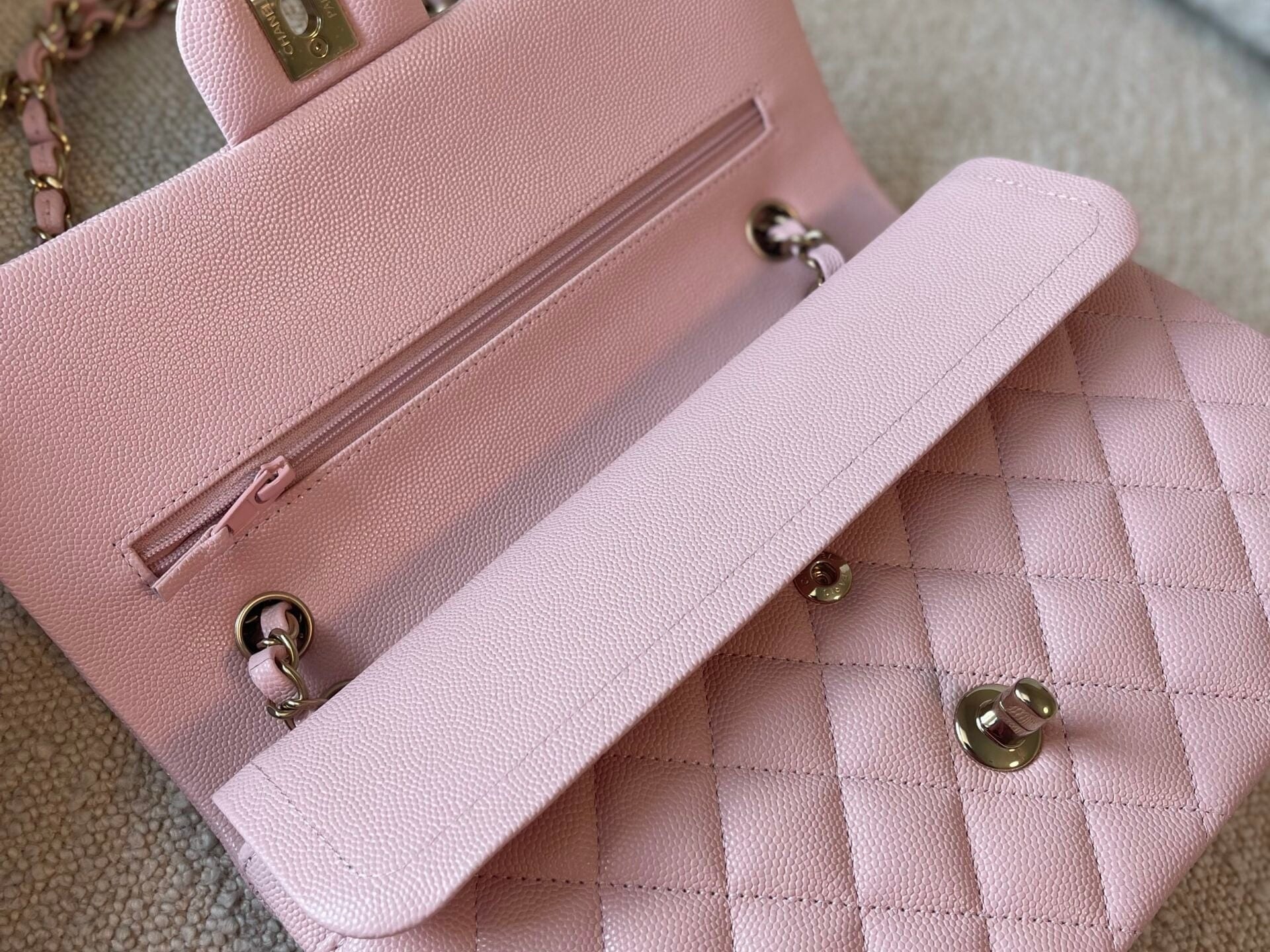 CHANEL Handbag 22B Rose Claire/ light pink Caviar Quilted Classic Double Flap Medium Light Gold Hardware - Redeluxe