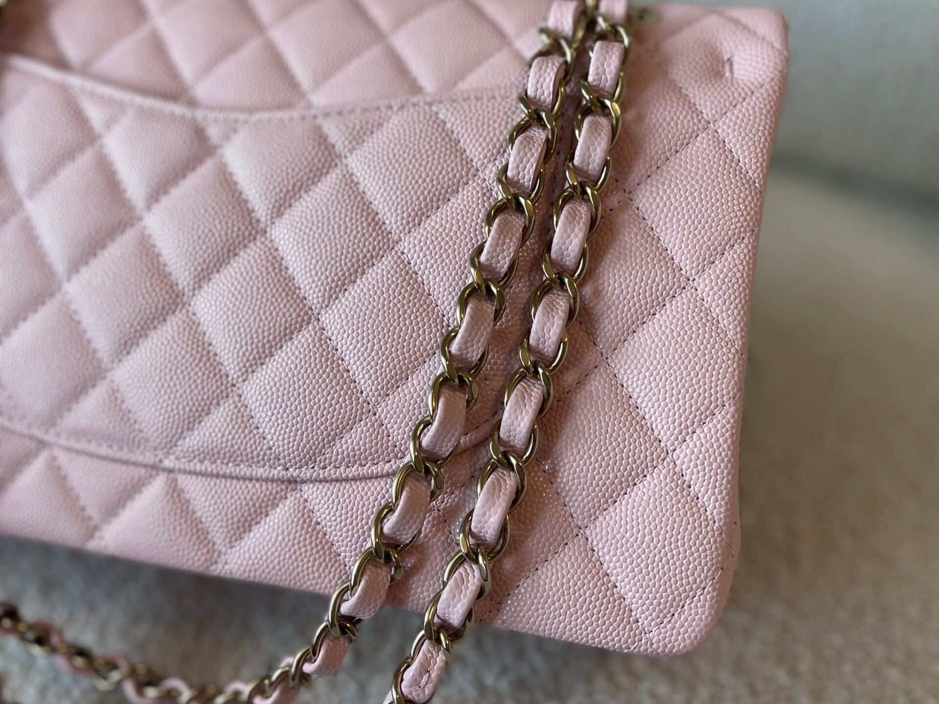 CHANEL Handbag 22B Rose Claire/ light pink Caviar Quilted Classic Double Flap Medium Light Gold Hardware - Redeluxe