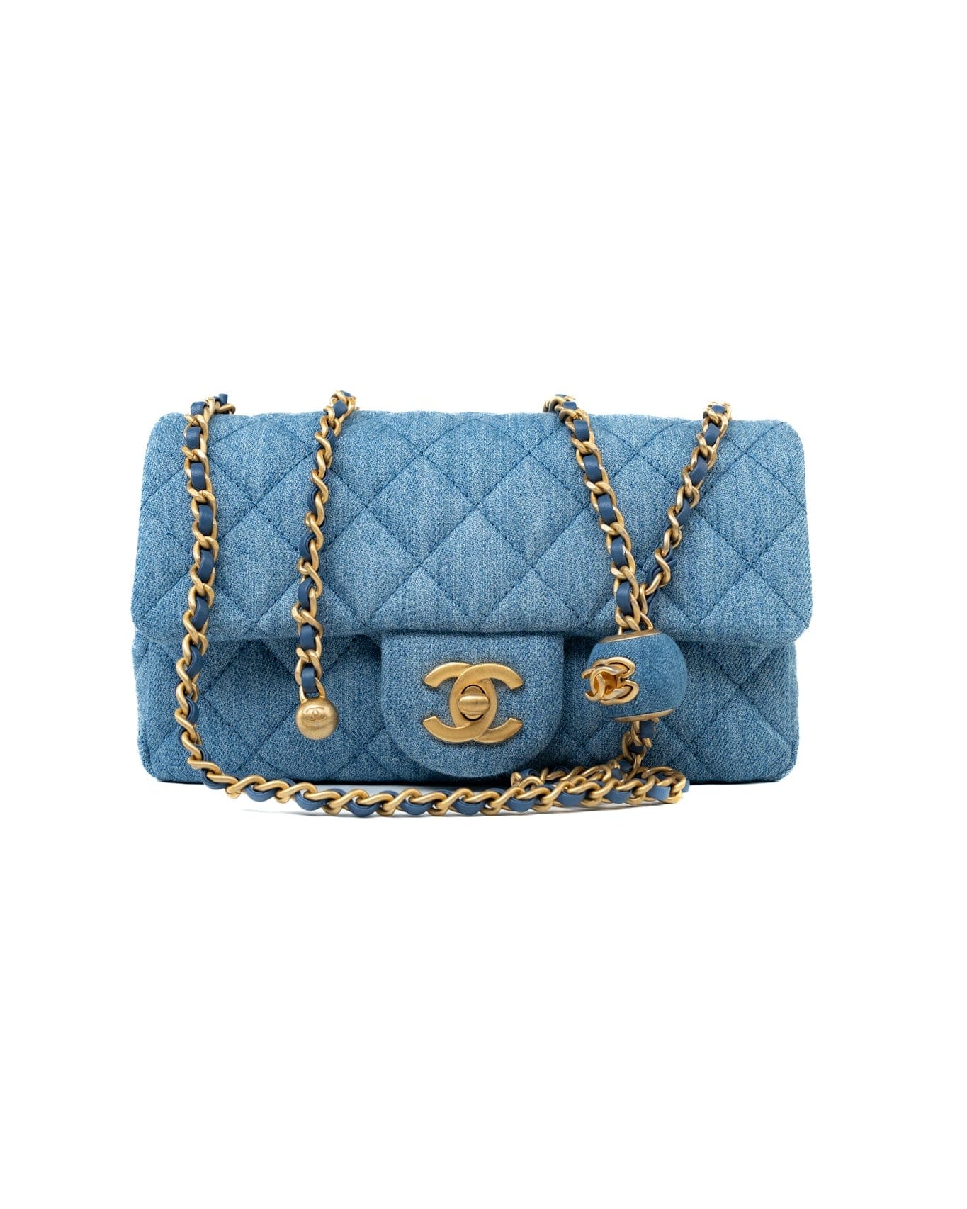 CHANEL Handbag 22C Blue Denim Pearl Crush Mini Rectangular Flap AGHW - Redeluxe